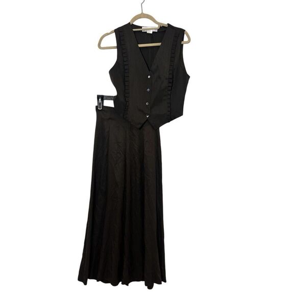 Vintage Olivia Rhodes 2 Piece Set Vest & Midi Skirt 100% Silk Olive Pin Striped - Picture 1 of 11